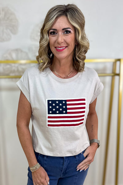 Sand Beige American Flag Tee