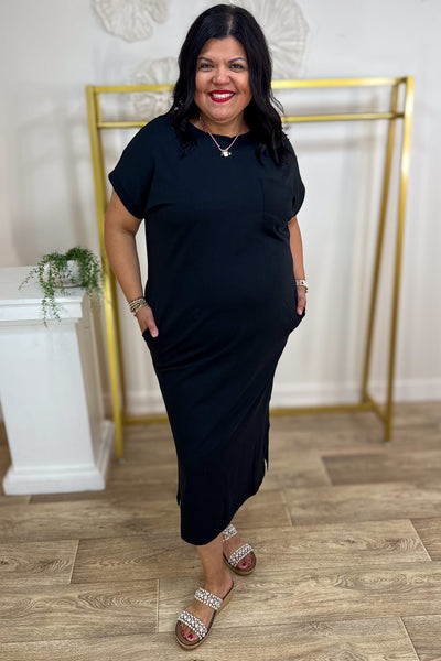 Black Round Neck Pocket Midi Dress