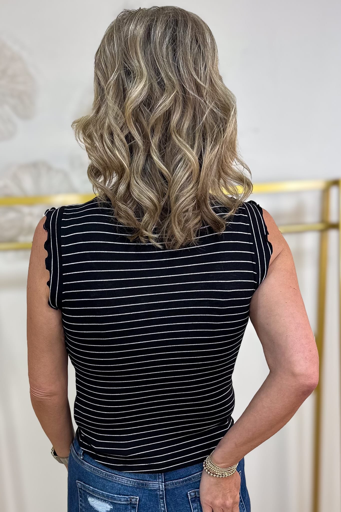 Black & White Stripe Ruffle Trim Top Back