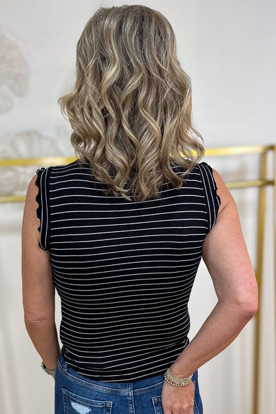 Black & White Stripe Ruffle Trim Top Back