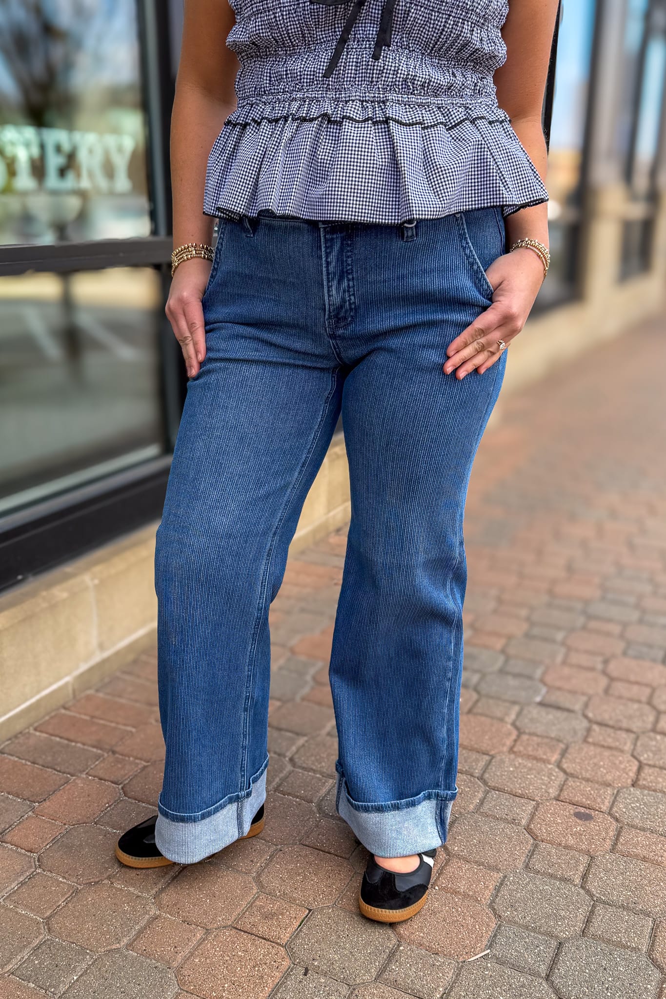 Deep Blue Mid Rise Ankle Straight Cuffed Hem Jeans