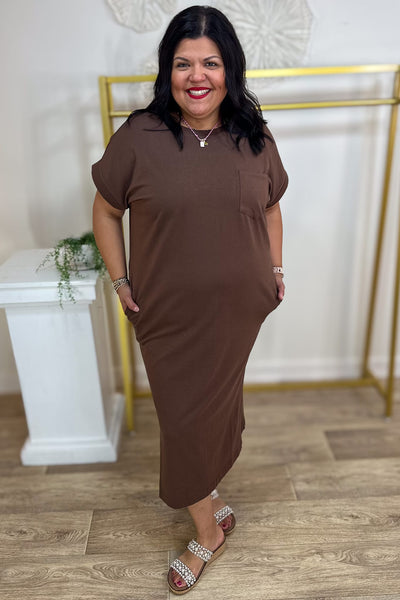 Brown Round Neck Pocket Midi Dress