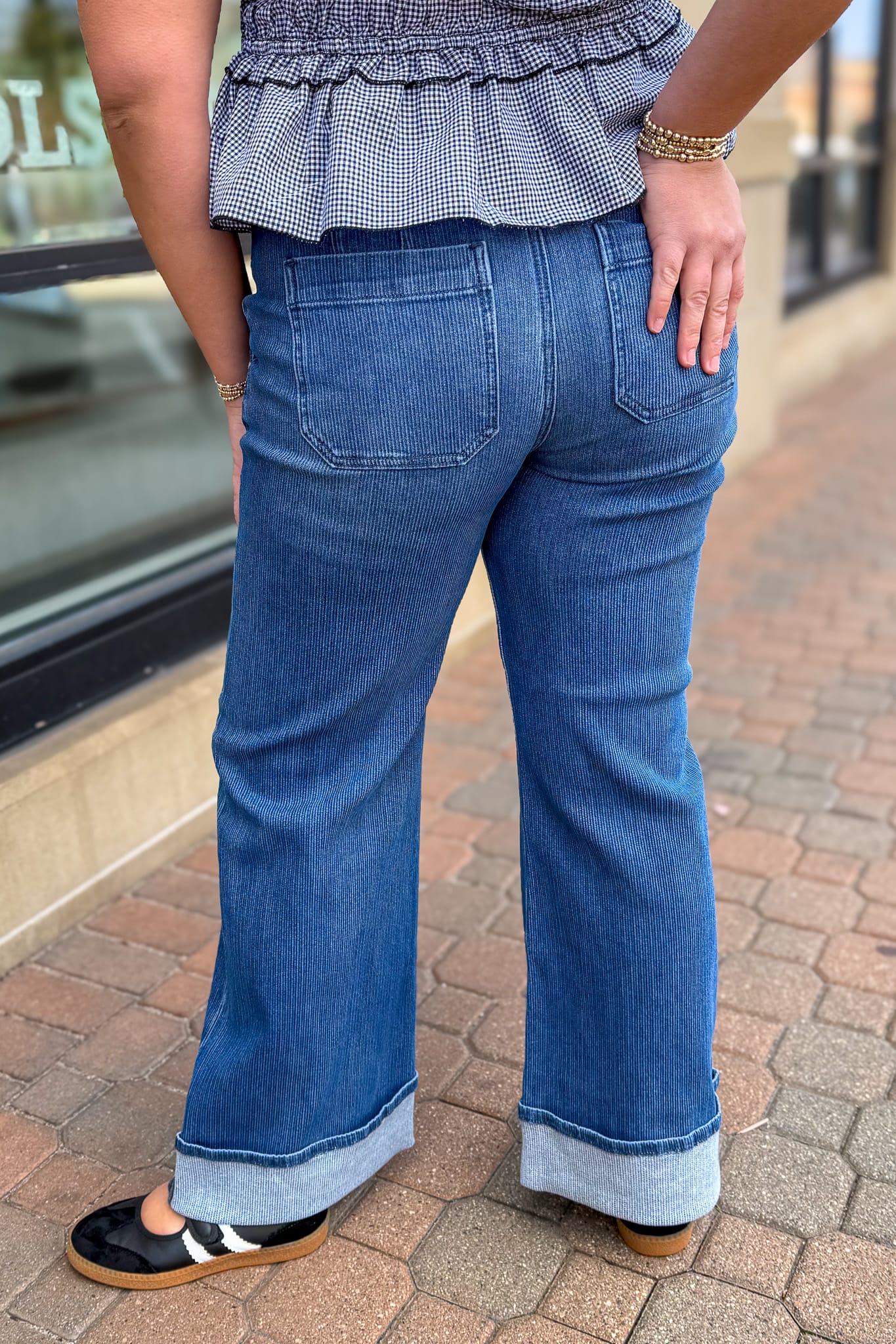 Deep Blue Mid Rise Ankle Straight Cuffed Hem Jeans Back