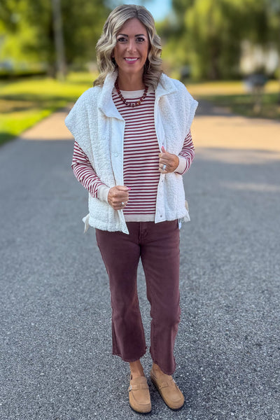 Burgundy Stripe Pullover Sweater Styled