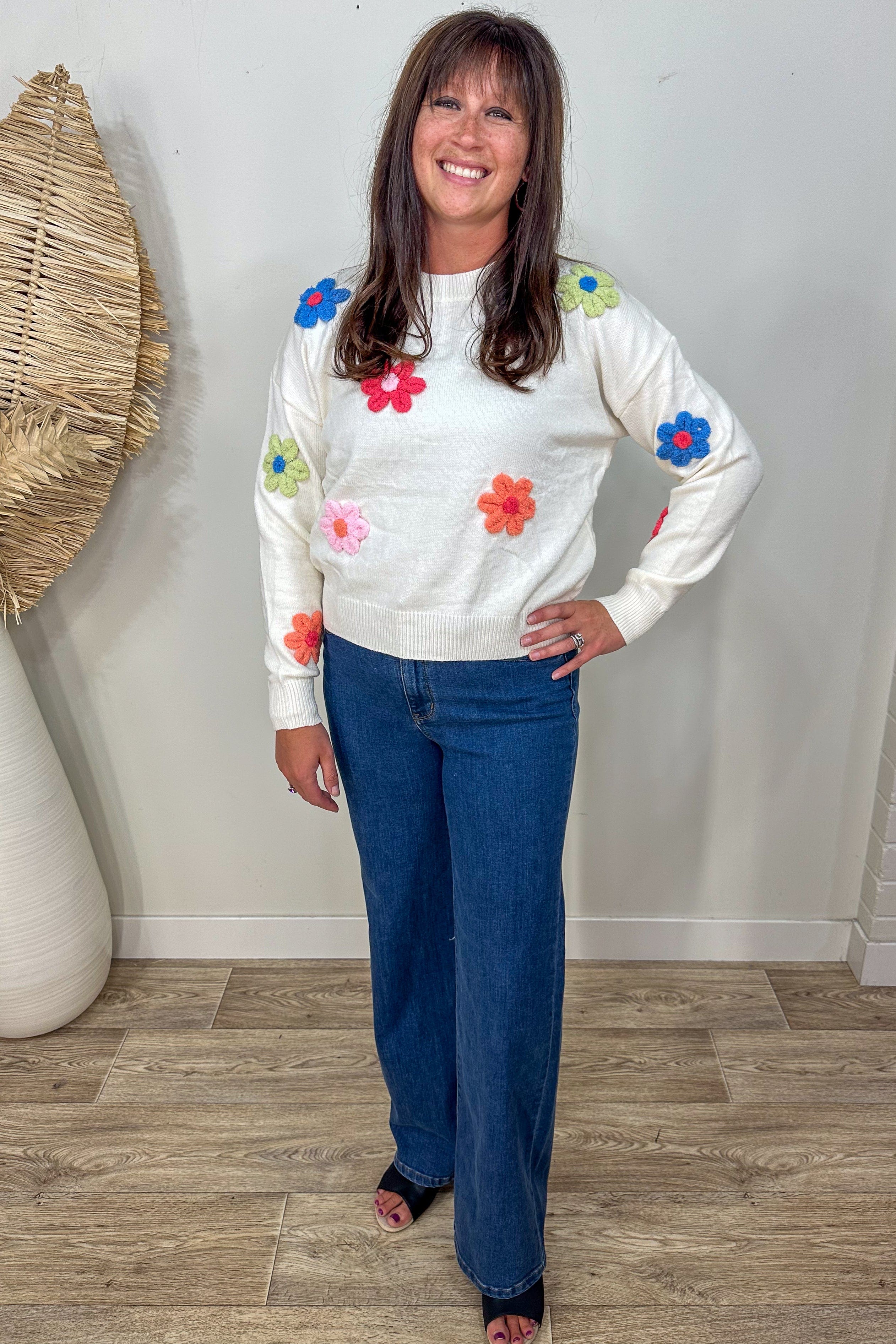 Ivory & Colorful Raised Floral Sweater styled