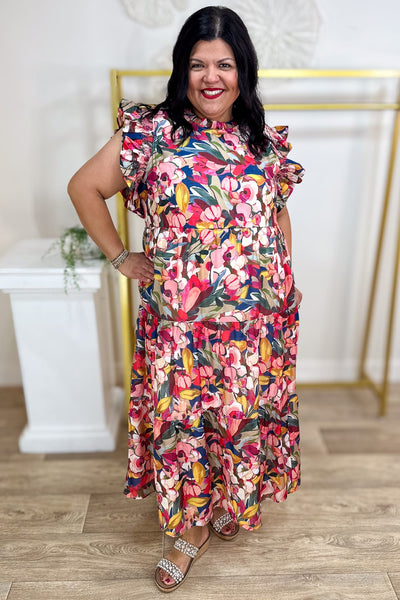 Multi Abstract Floral Ruffle Sleeve Maxi Dress