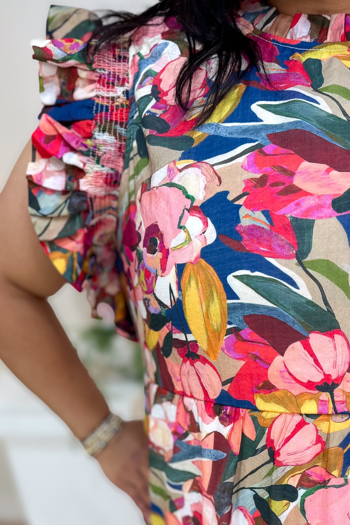 Multi Abstract Floral Ruffle Sleeve Maxi Dress Detailed