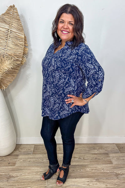 Navy Floral Paisley Lizzy Top styled