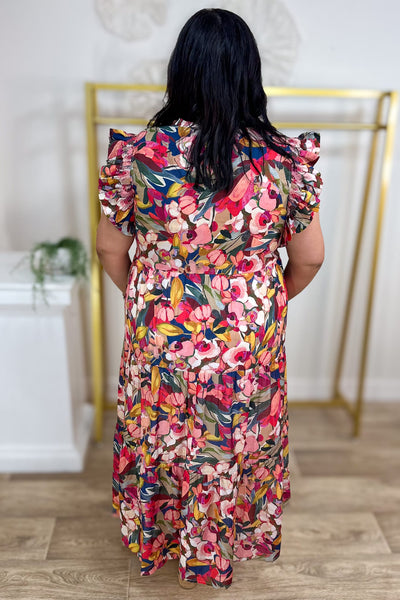 Multi Abstract Floral Ruffle Sleeve Maxi Dress Back