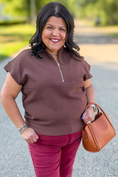 Brown Rib High Neck Zip Top