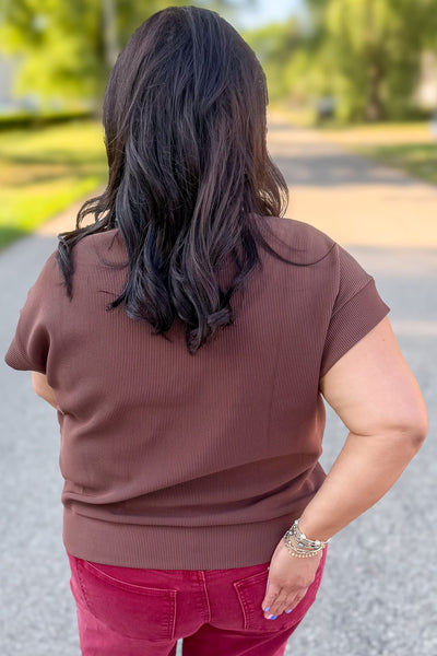 Brown Rib High Neck Zip Top Back