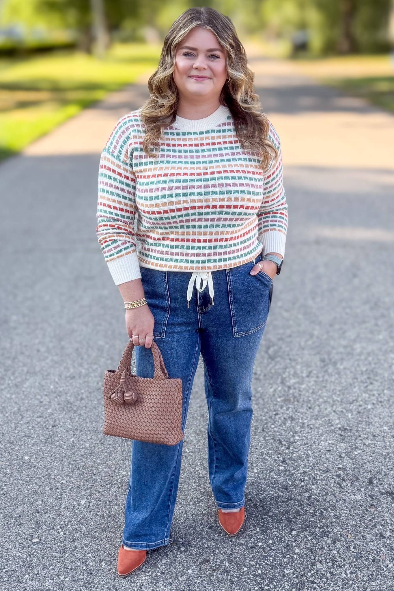 Jade & Rust Textured Stripe Pullover Sweater Styled