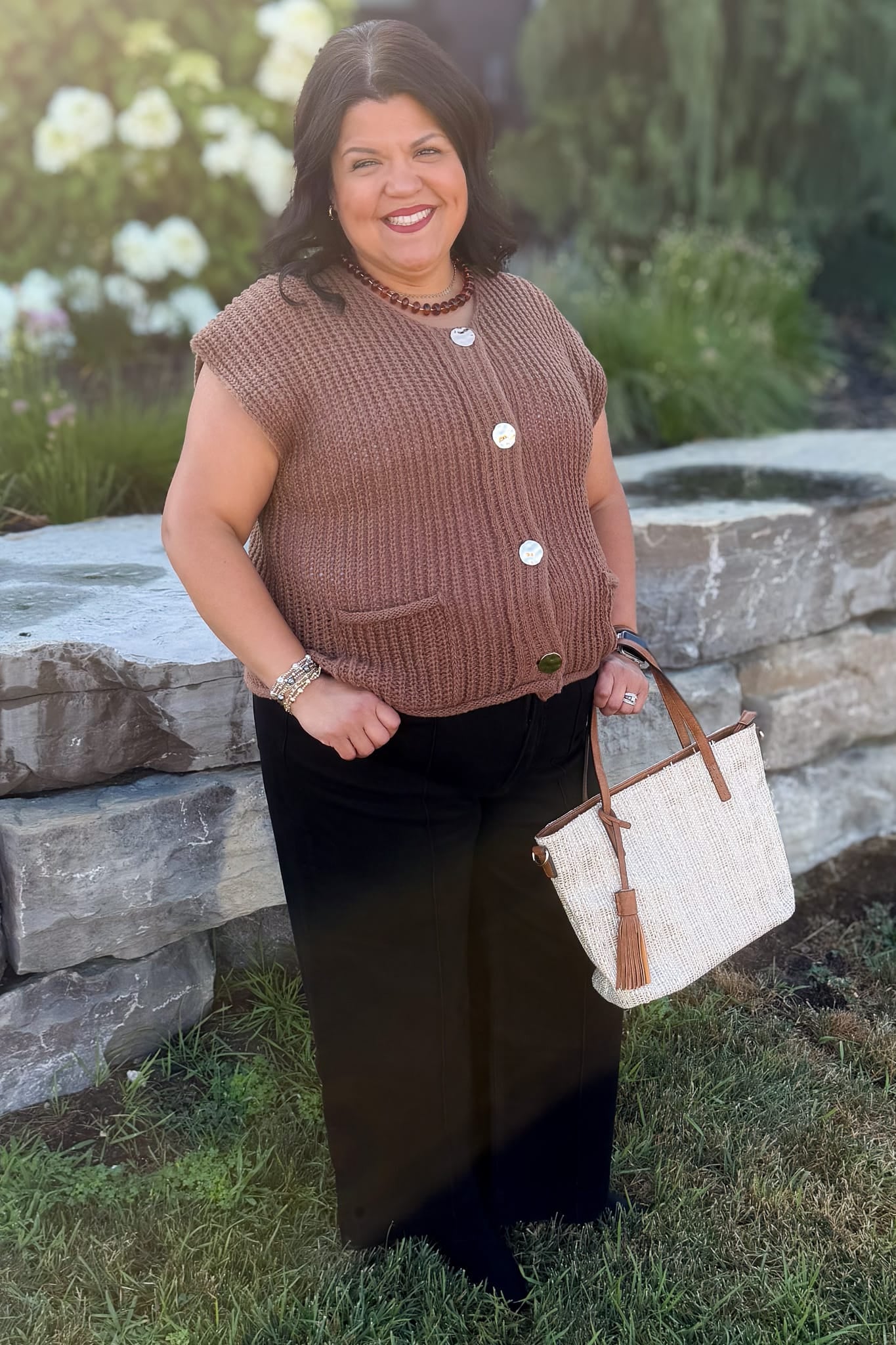 Dark Camel 4 Button Sweater Vest Styled