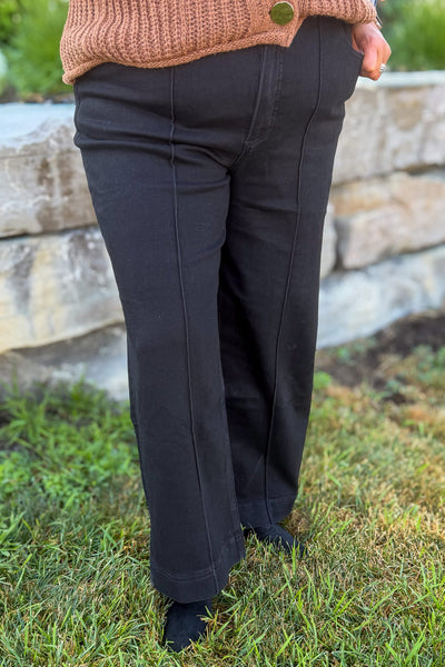 Black High Rise Wide Leg Pintuck Denim