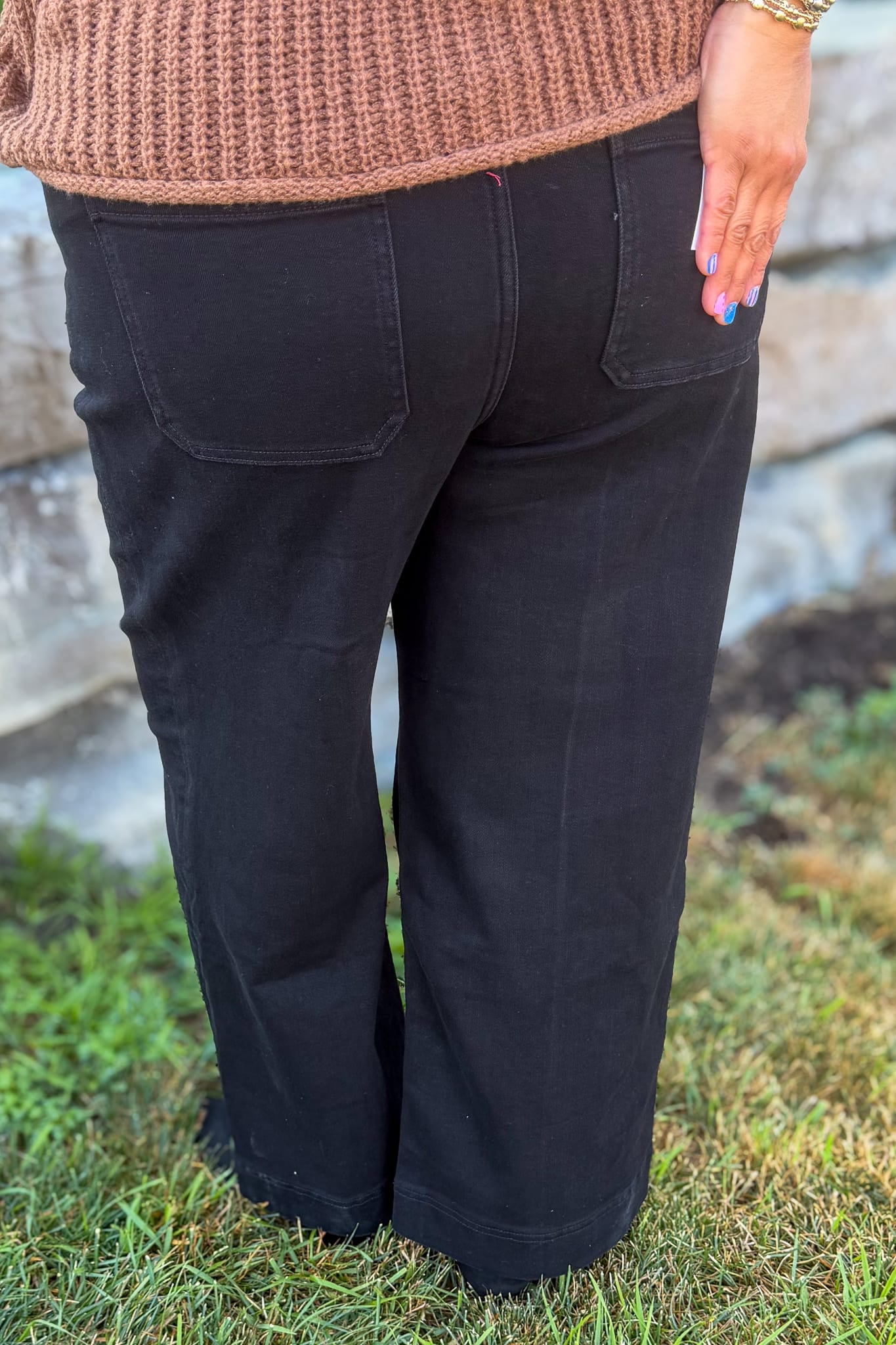 Black High Rise Wide Leg Pintuck Denim Back