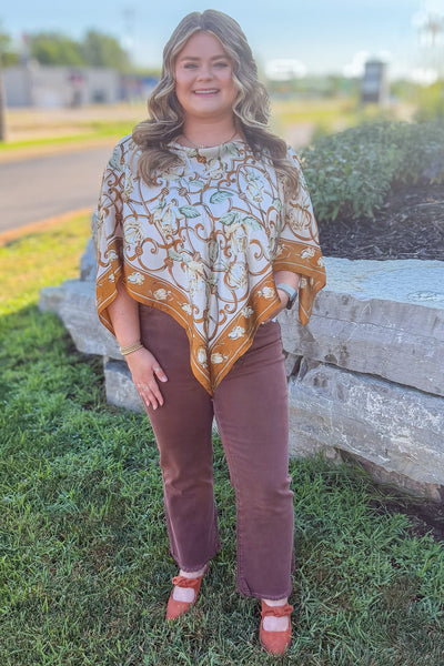 Brown Floral Filigree Scarf Poncho Styled