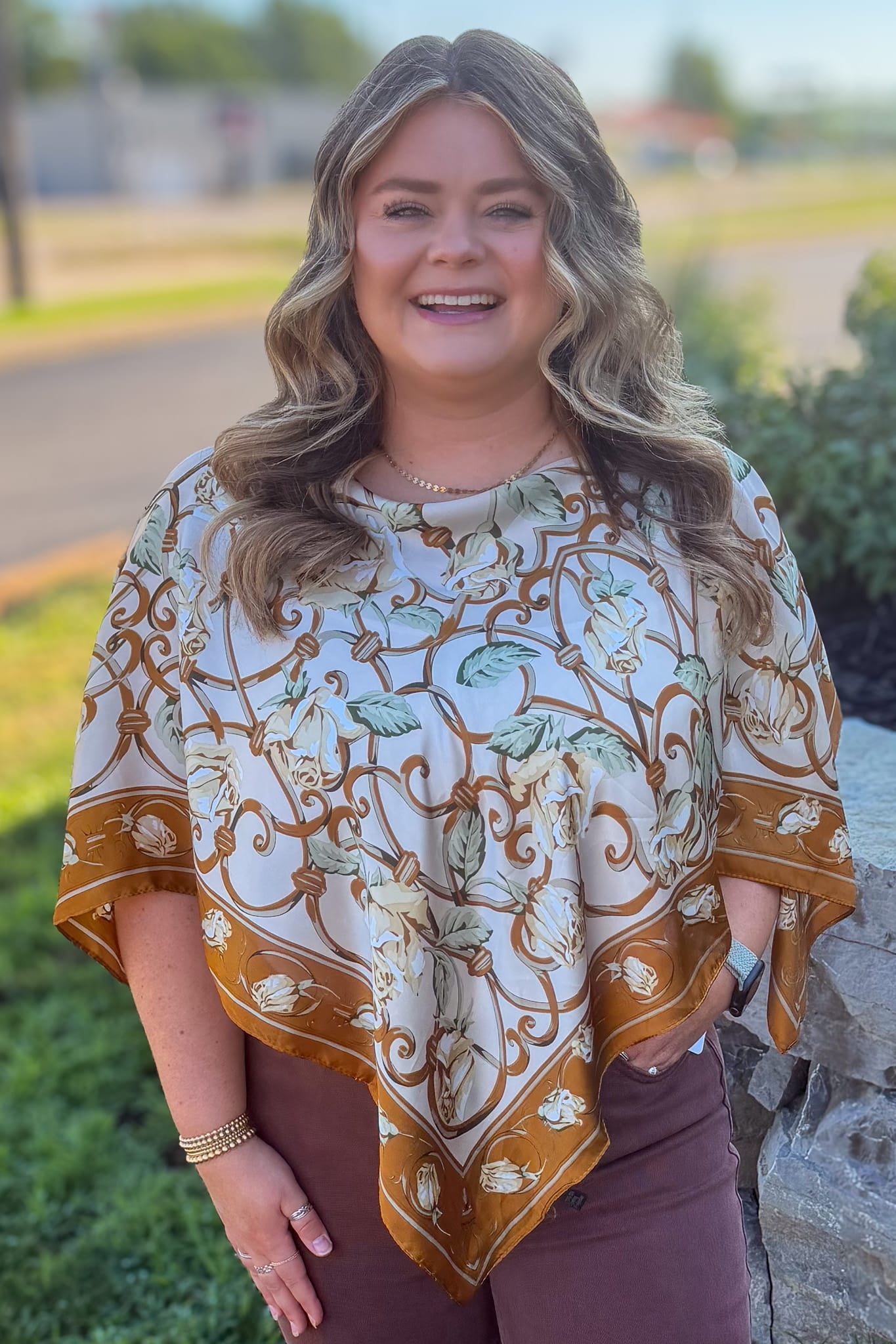 Brown Floral Filigree Scarf Poncho