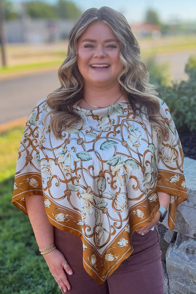 Brown Floral Filigree Scarf Poncho