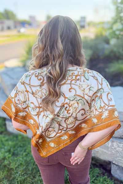 Brown Floral Filigree Scarf Poncho Back