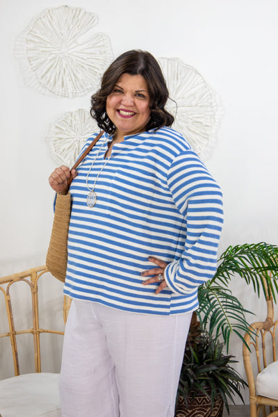 Blue & Ivory Button Back Knit Top