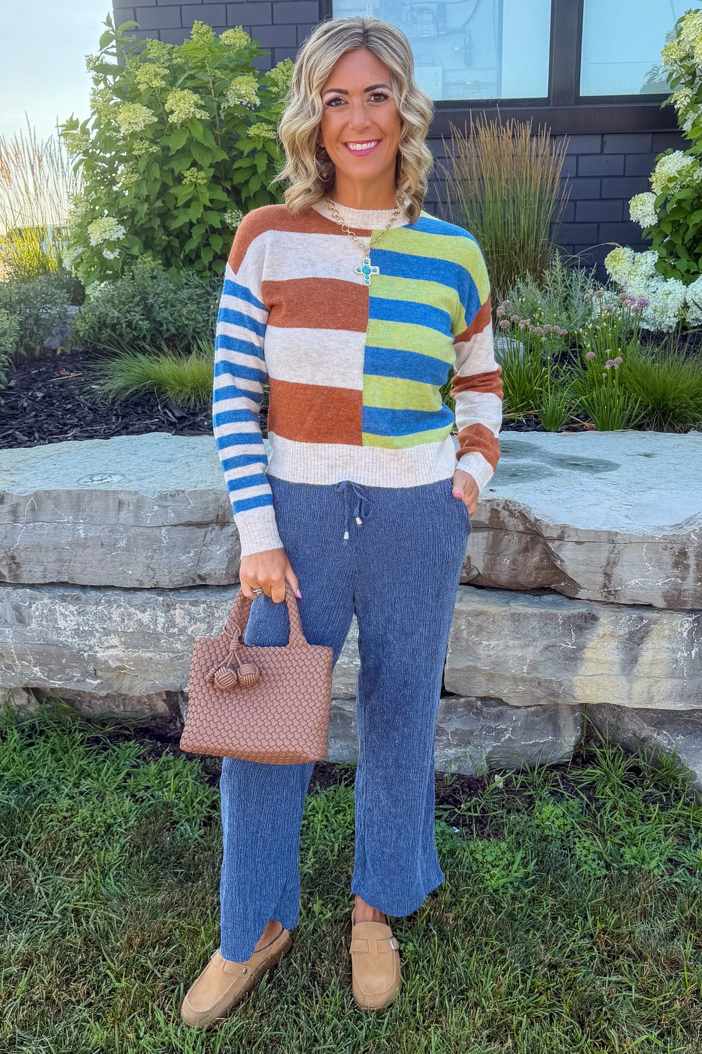 Blue Multi Colorblock Stripe Pullover Sweater Styled