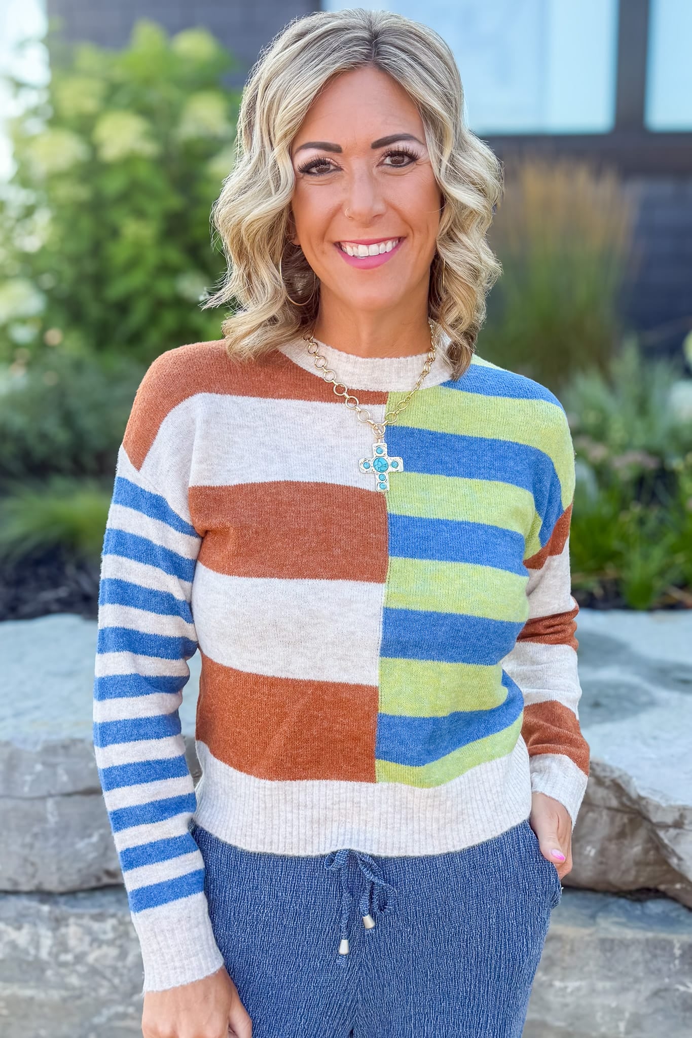 Blue Multi Colorblock Stripe Pullover Sweater
