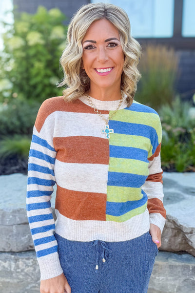 Blue Multi Colorblock Stripe Pullover Sweater