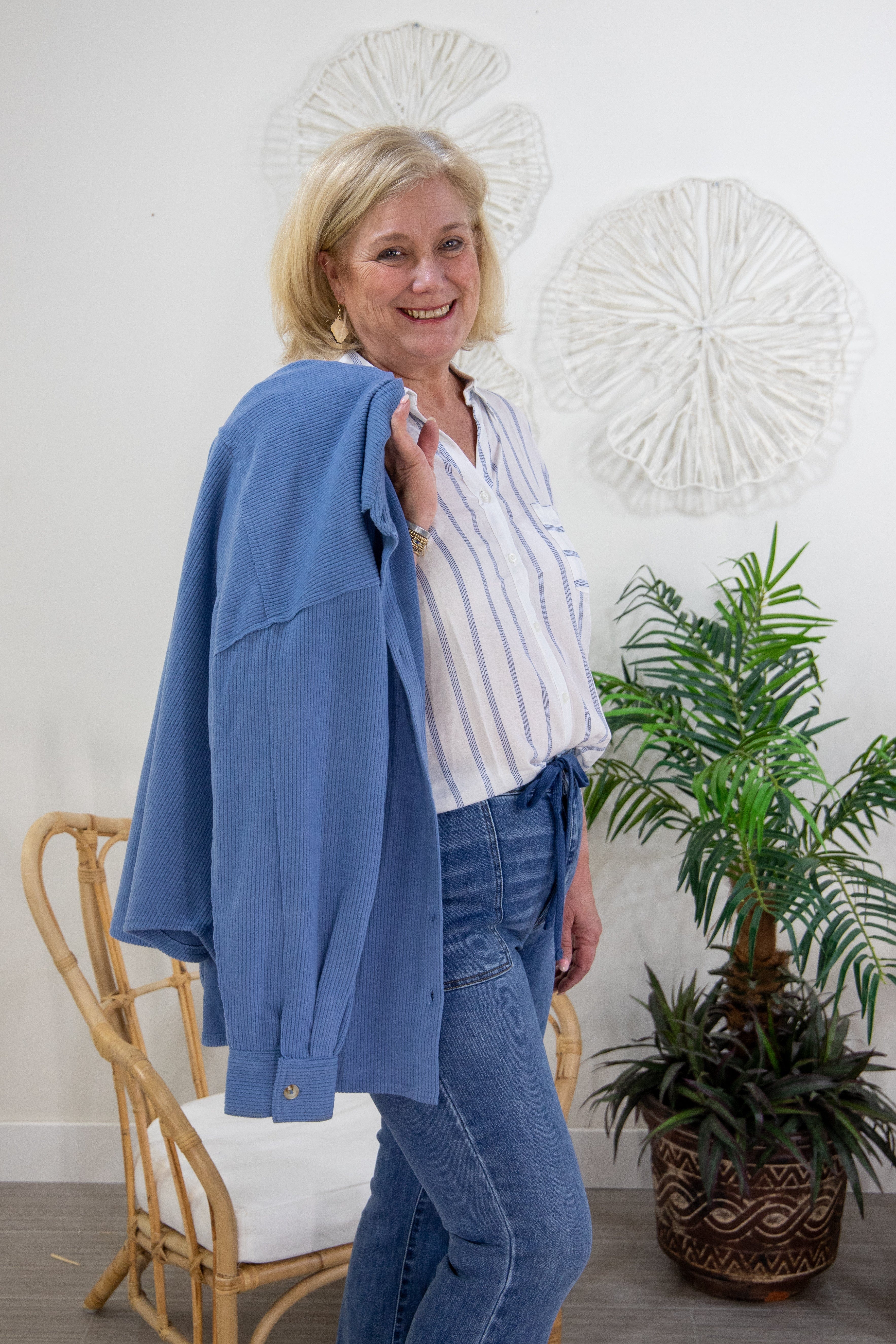 Blue Stripe Roll Up Sleeve Top, styled