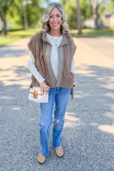 Mocha Oversized Faux Fur Vest Styled