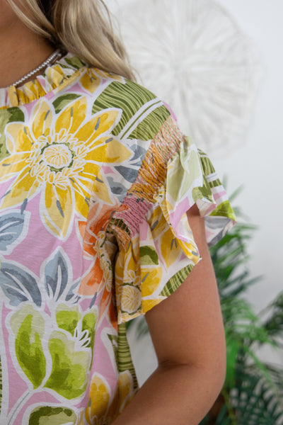 Pastel Floral Back Keyhole Blouse, detail
