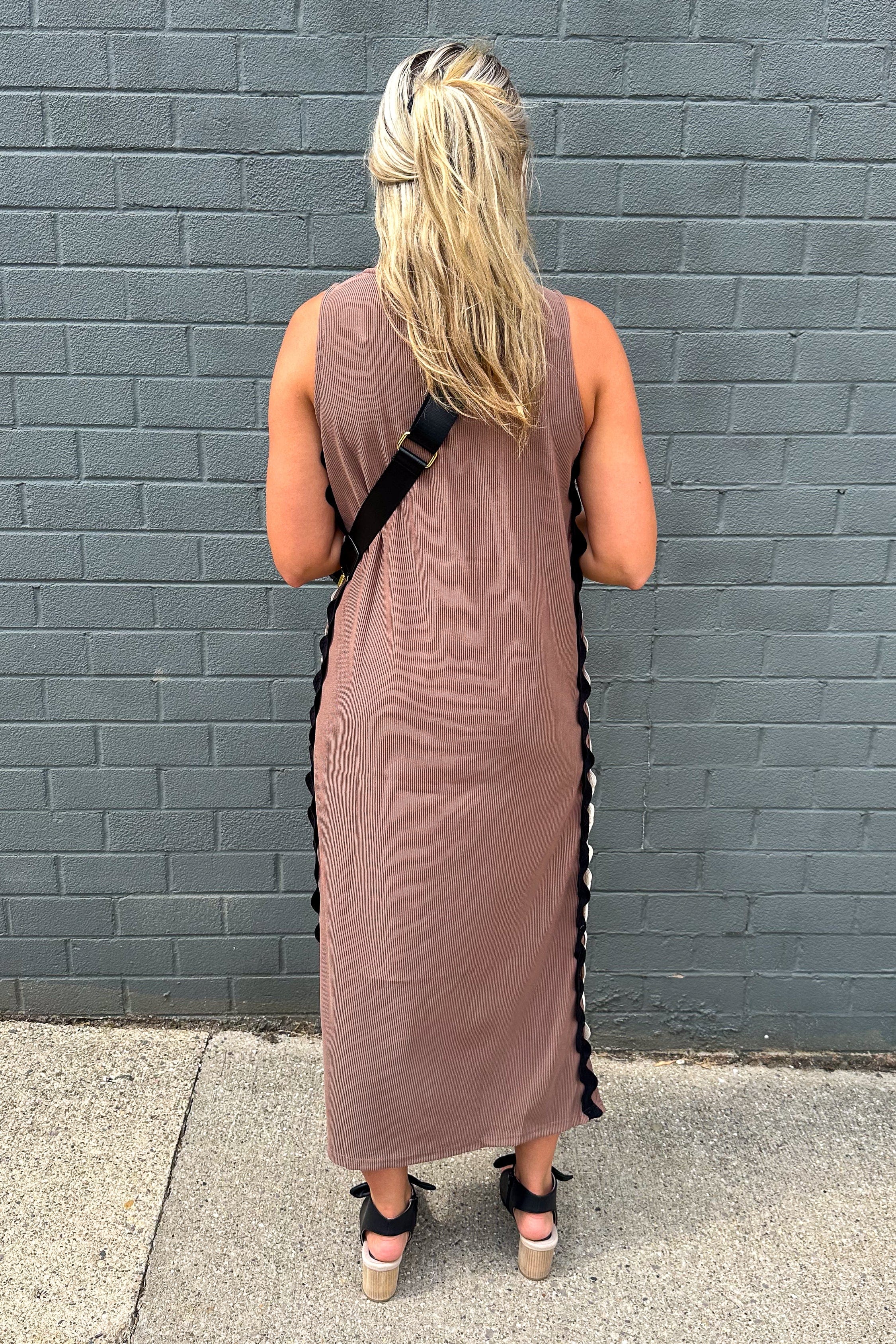 Mocha Dress with Ivory & Black Ric Rac Trim back