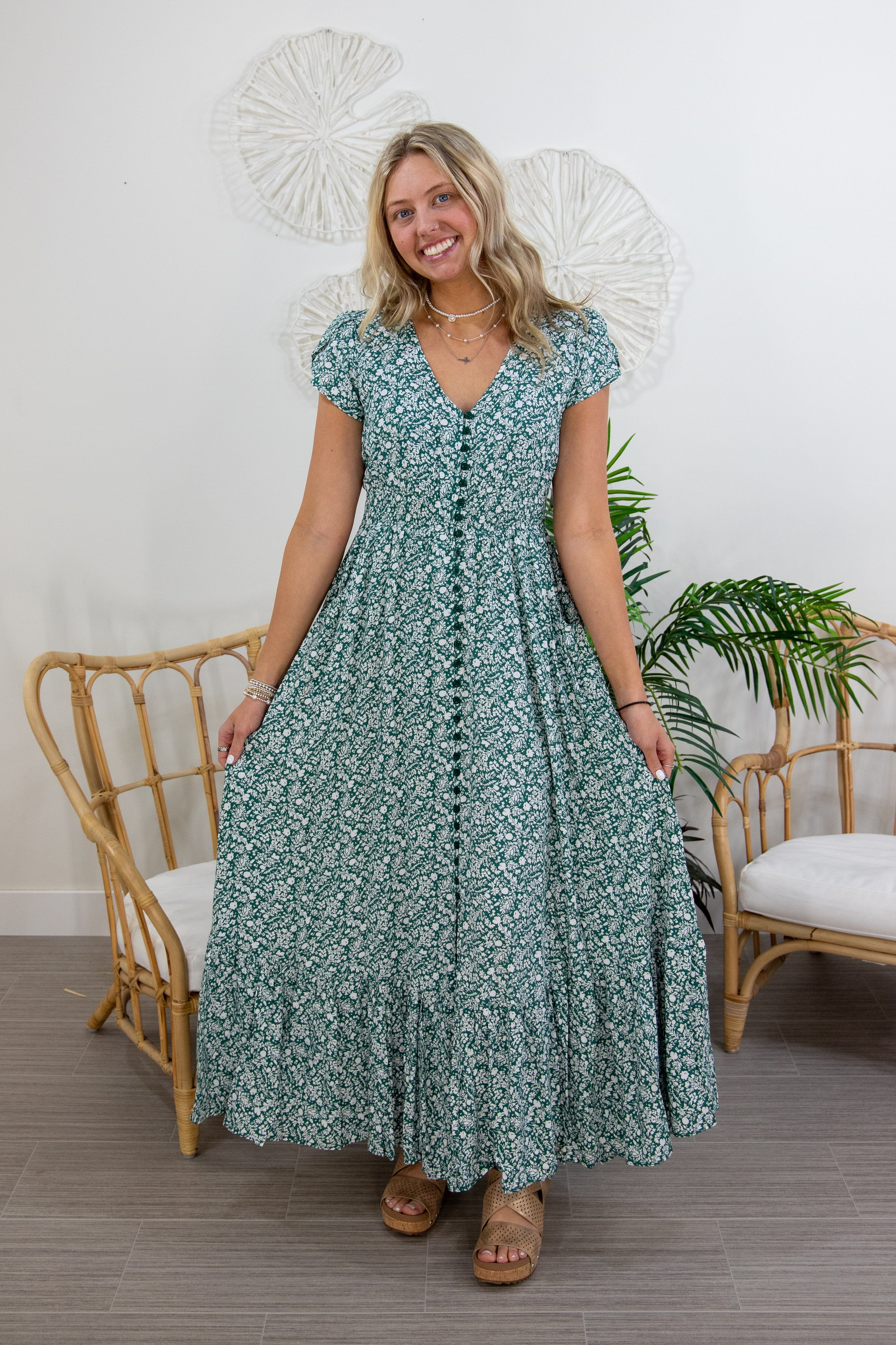 Green Ditsy Floral Button Front Maxi, A