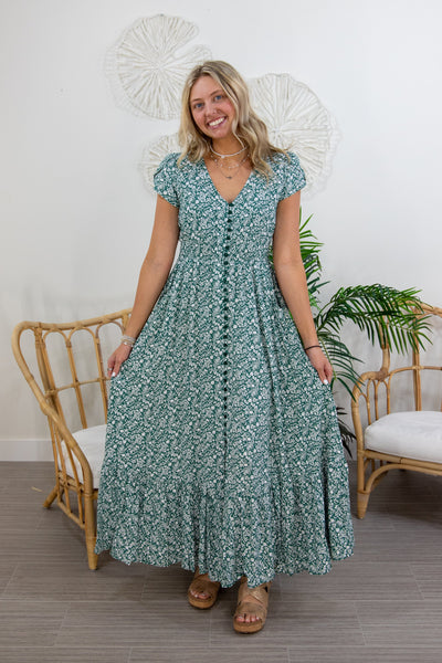 Green Ditsy Floral Button Front Maxi, A
