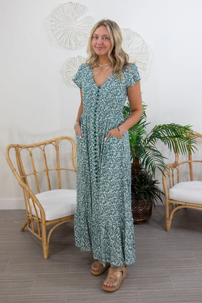 Green Ditsy Floral Button Front Maxi, styled