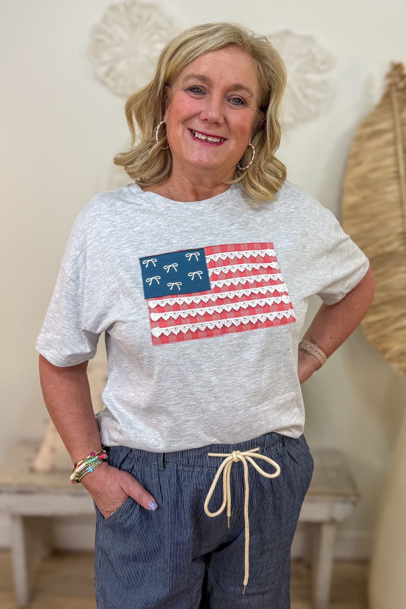 Gray USA Flag Applique T-Shirt