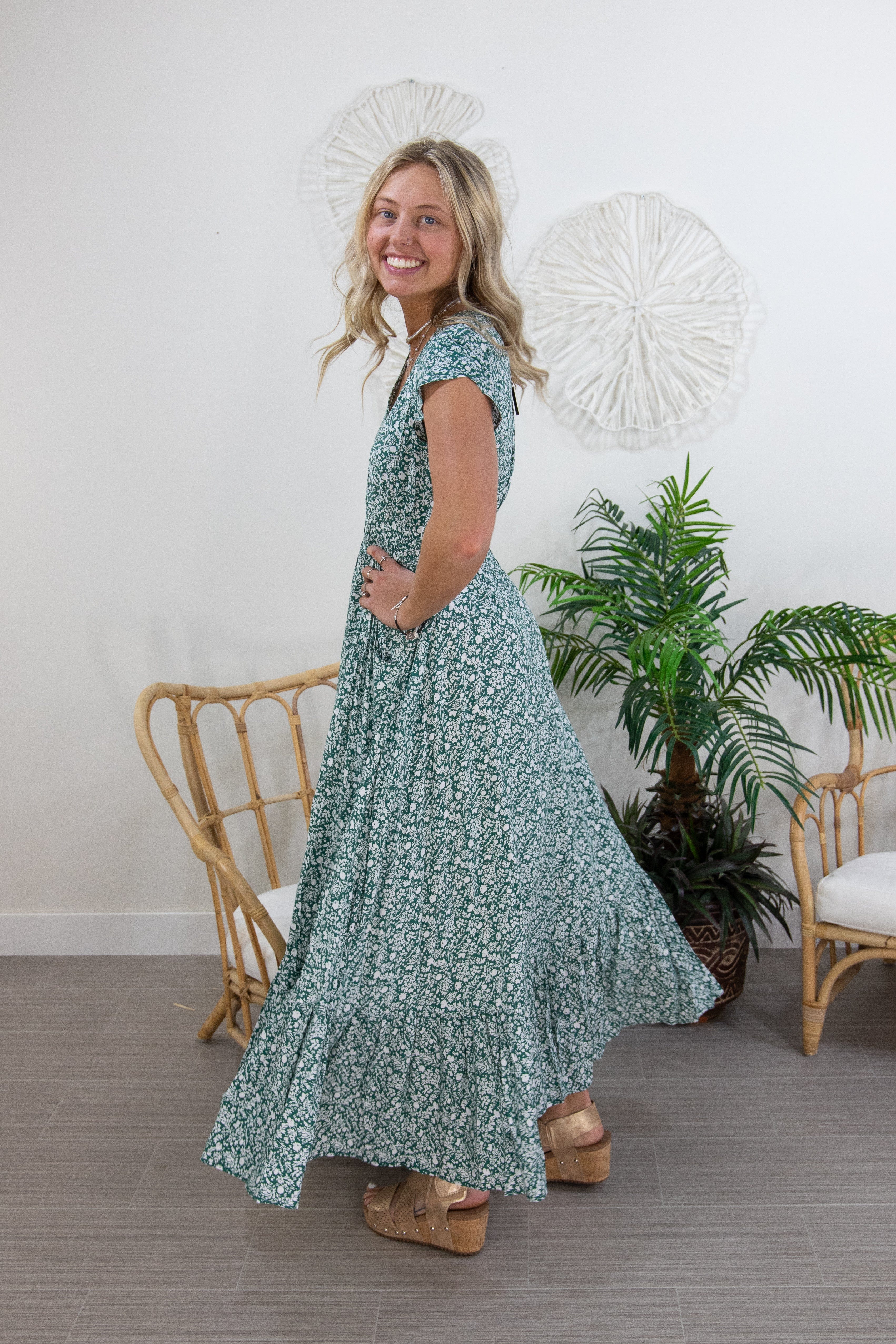 Green Ditsy Floral Button Front Maxi, back