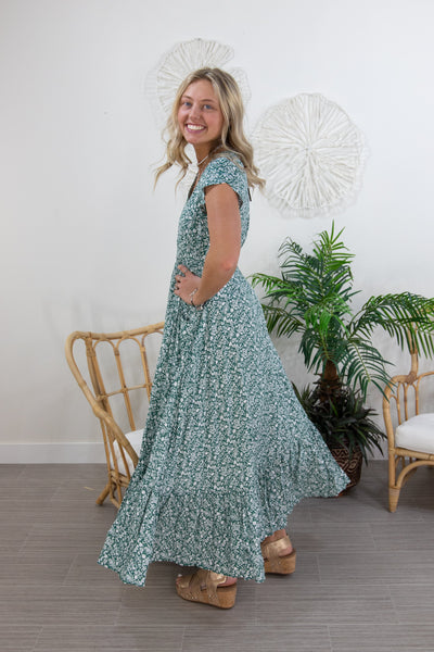 Green Ditsy Floral Button Front Maxi, back