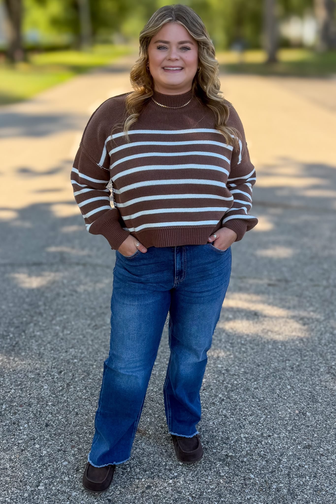 Brown Exposed Seam Striped Oversized Sweater Styled