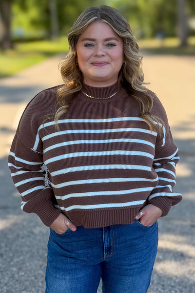 Brown Exposed Seam Striped Oversized Sweater