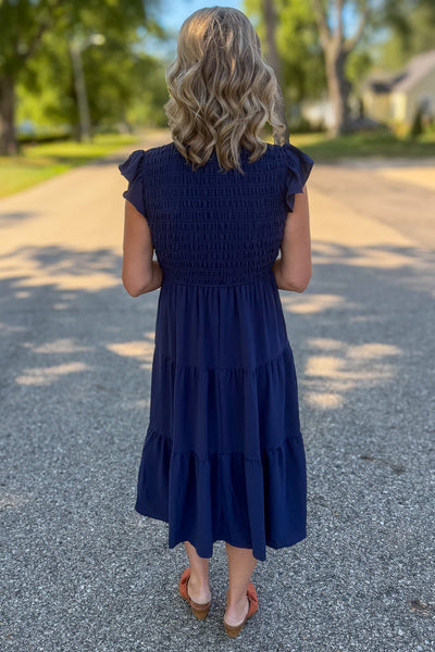 Navy Flutter Sleeve Smocked Midi Dress Back
