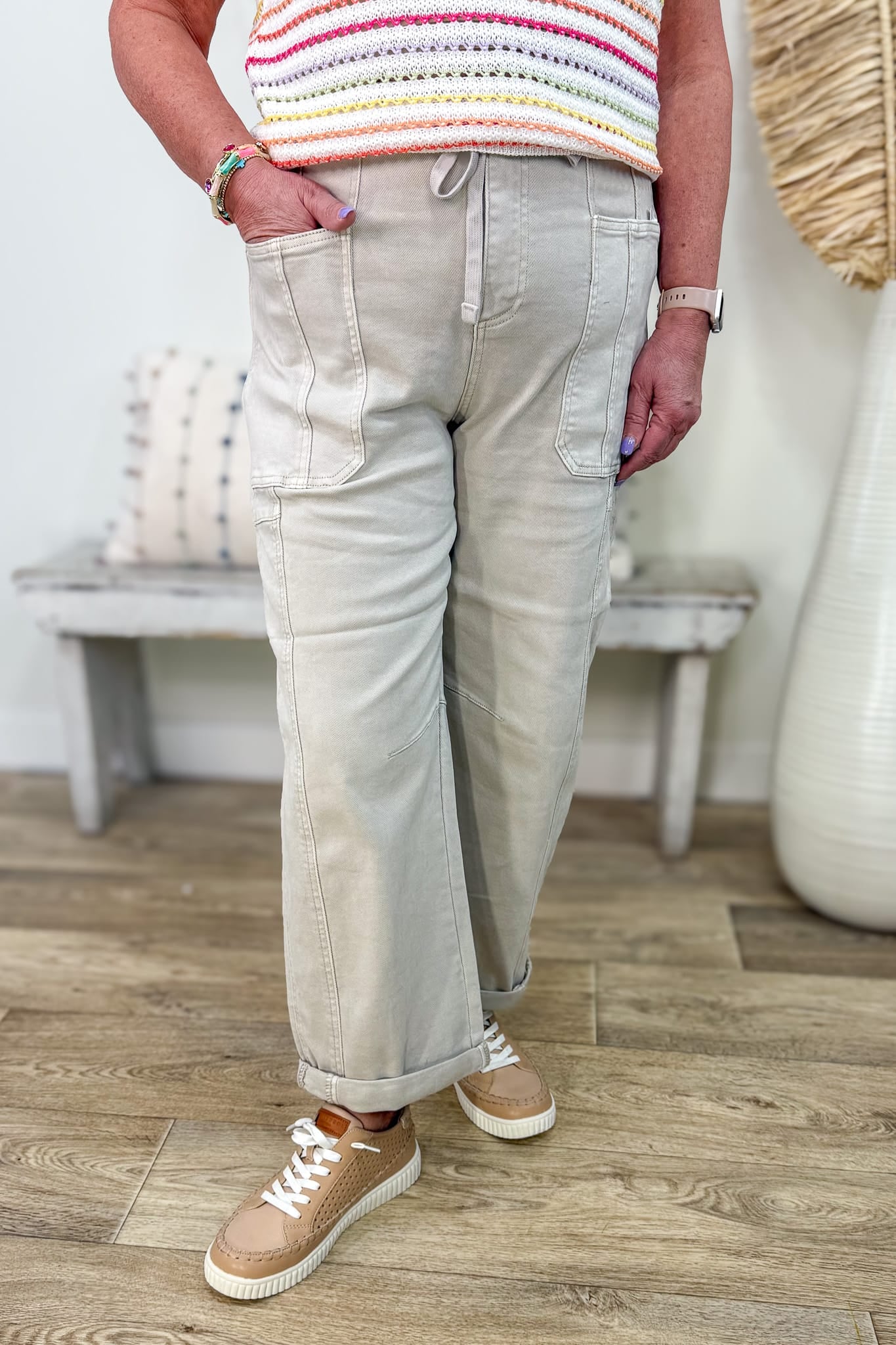 Almond High Rise Crop Barrel Cargo Cuffed Pant