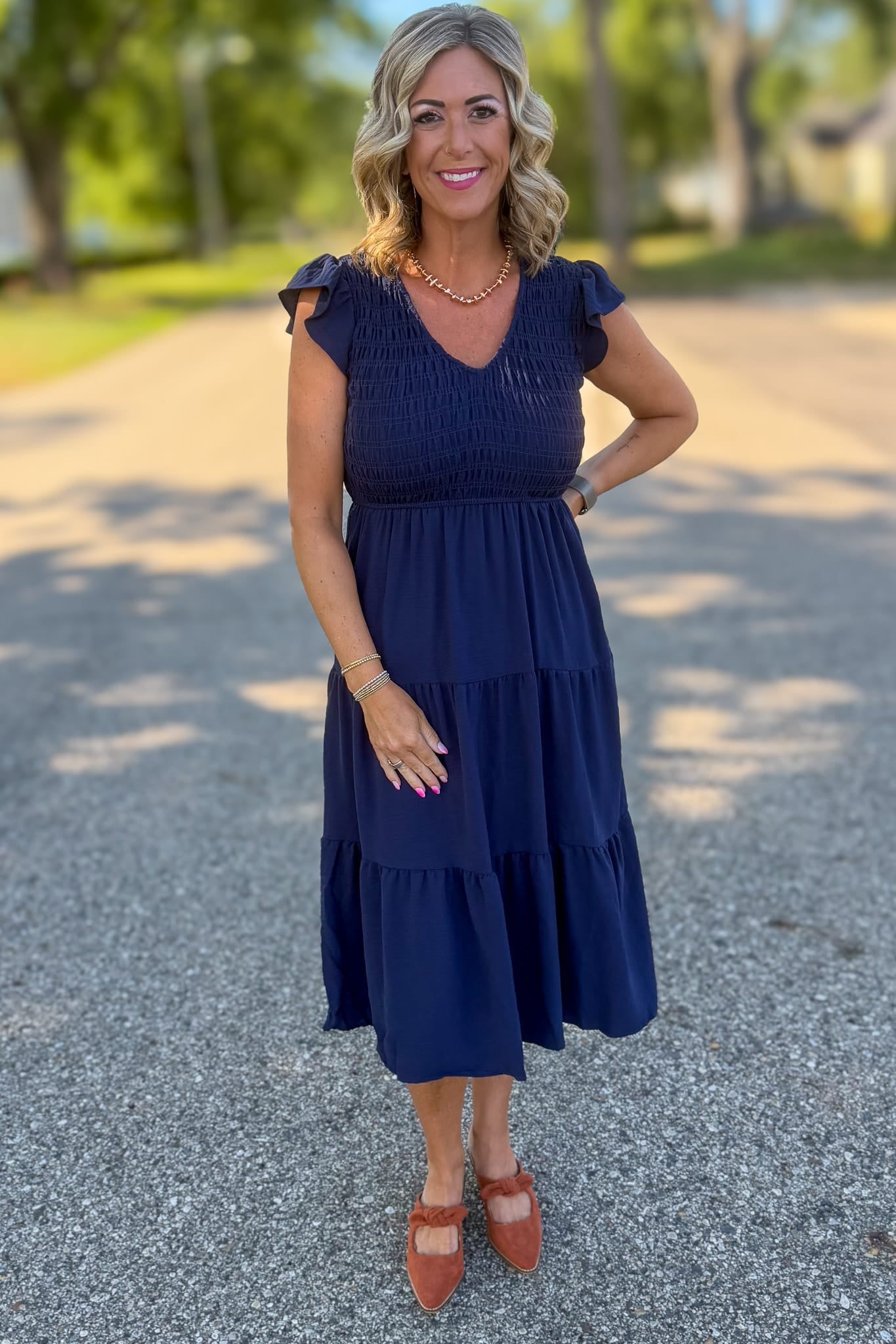 Navy Flutter Sleeve Smocked Midi Dress