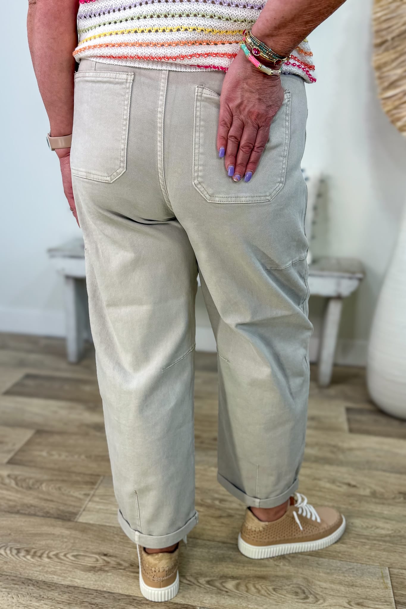 Almond High Rise Crop Barrel Cargo Cuffed Pant Back