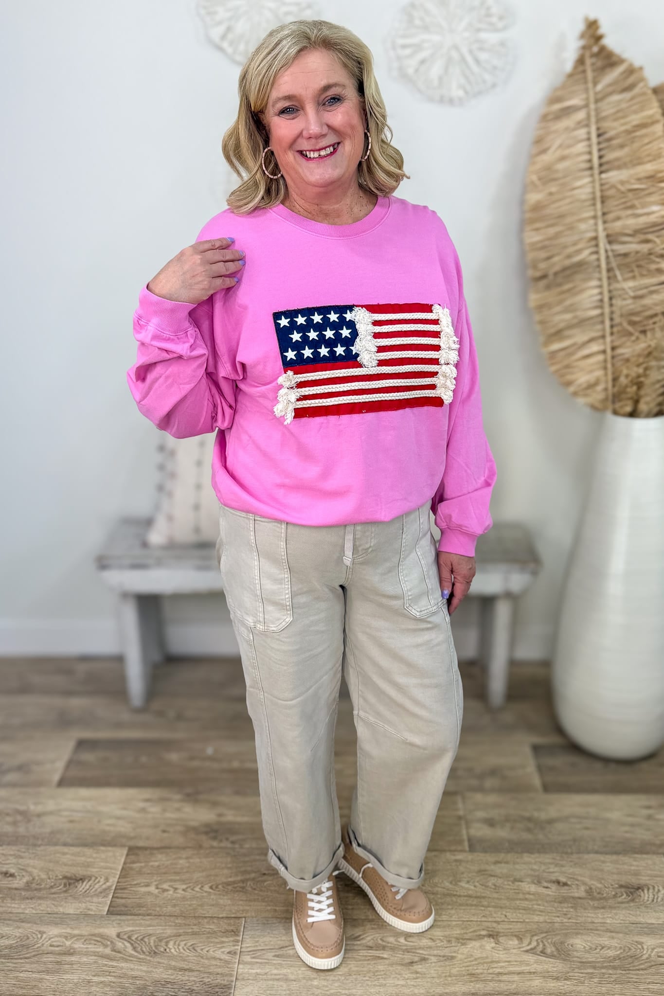 Candy Pink French Terry American Flag Pullover