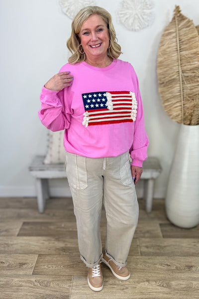 Candy Pink French Terry American Flag Pullover