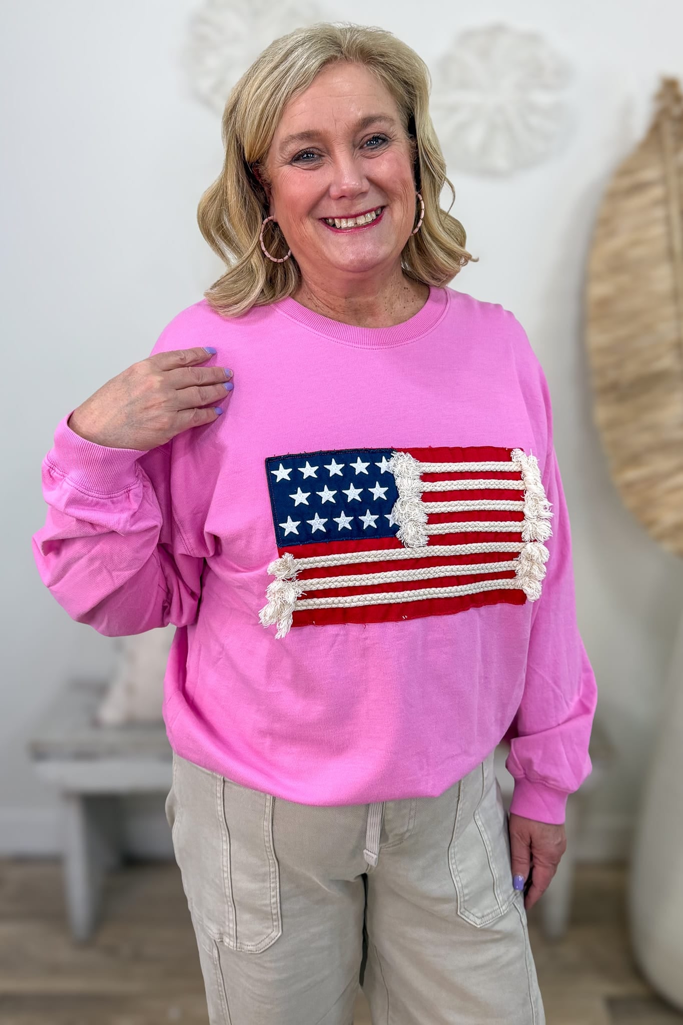 Candy Pink French Terry American Flag Pullover