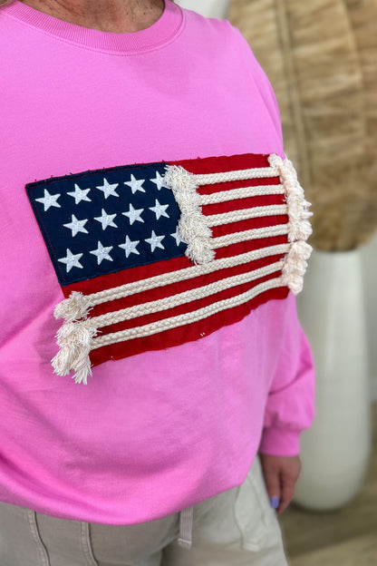 Candy Pink French Terry American Flag Pullover Detail