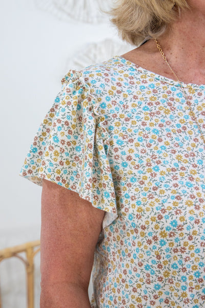 Brown & Blue Floral Top, zoom