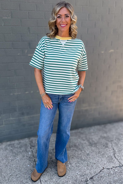 Green Stripe Colorblock Knit Top Styled
