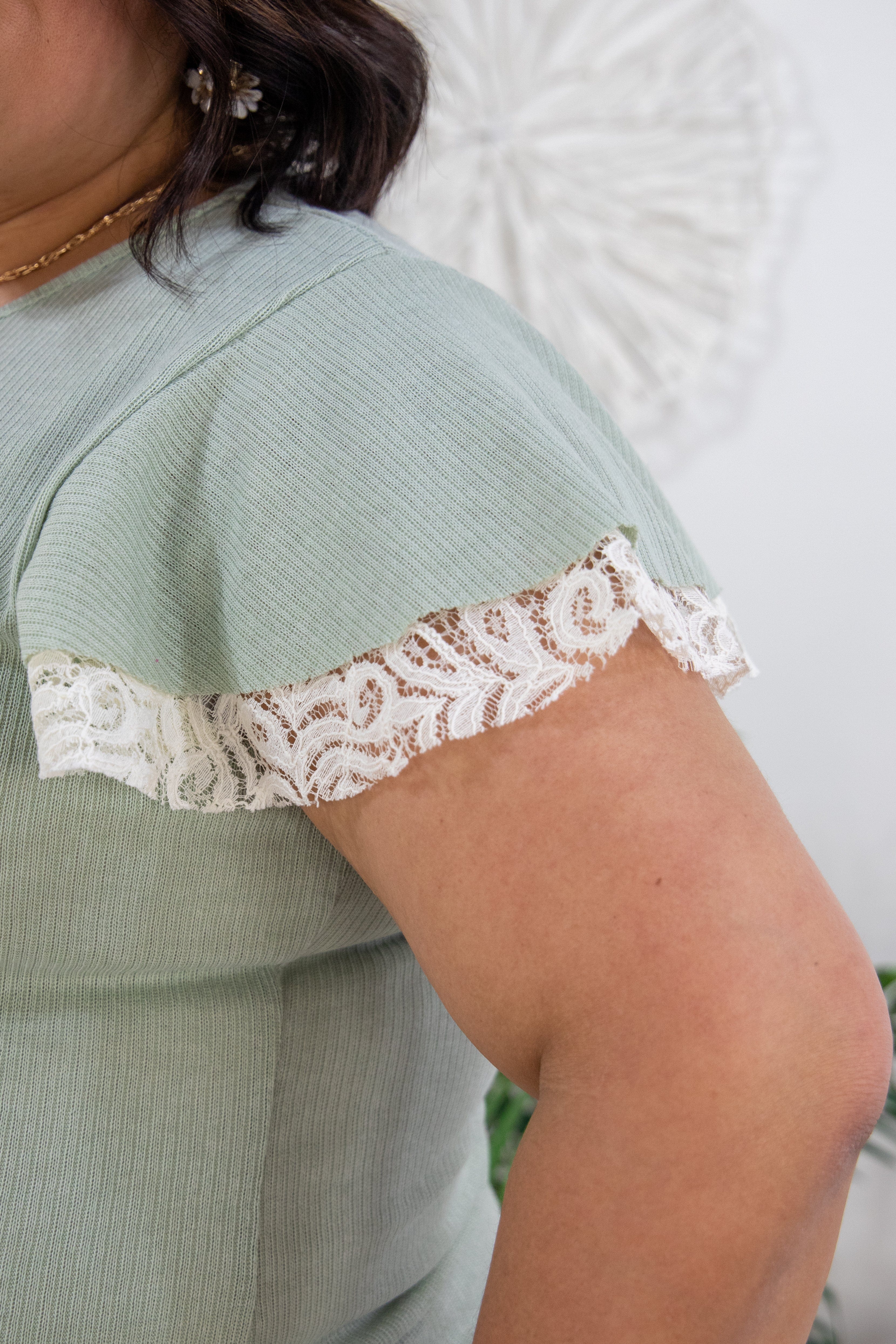 Sage Lace Detail Shortsleeve Top, zoom